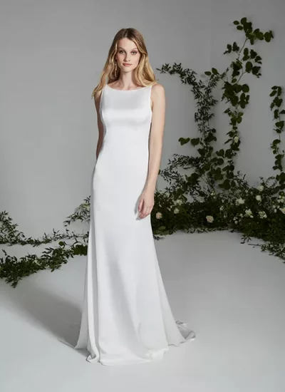 Satin high neck cowl back wedding dress by Theia available in Adelaide