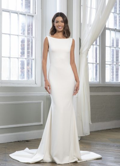 Farrah high neck crepe wedding dress by Theia available in Adelaide