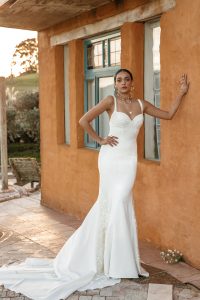 White bustier crepe wedding dress by lovers society in Adelaide