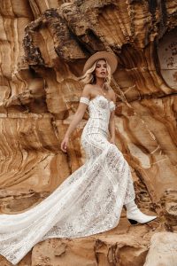 Strapless Boho style lace wedding dress