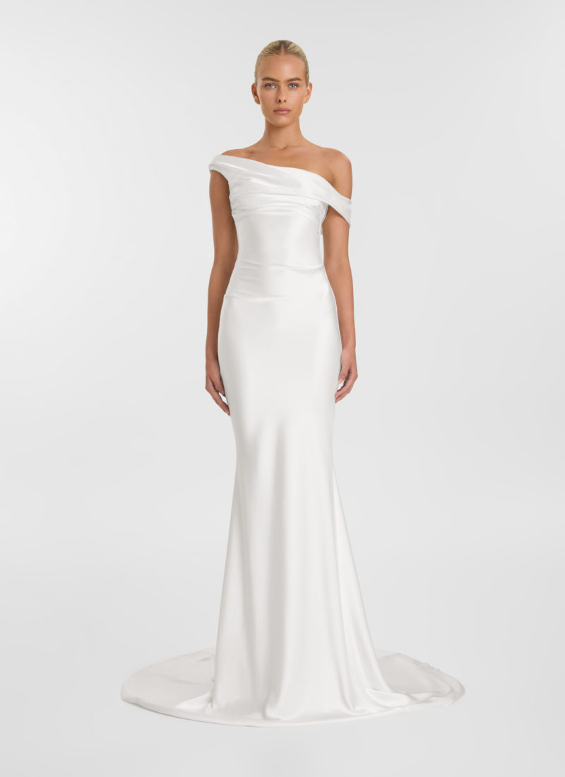 Chosen by KYHA Fox Satin off shoulder modern wedding slip dresses Adelaide