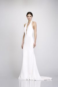 Halter crepe style wedding dress by Theia couture available in Adelaide
