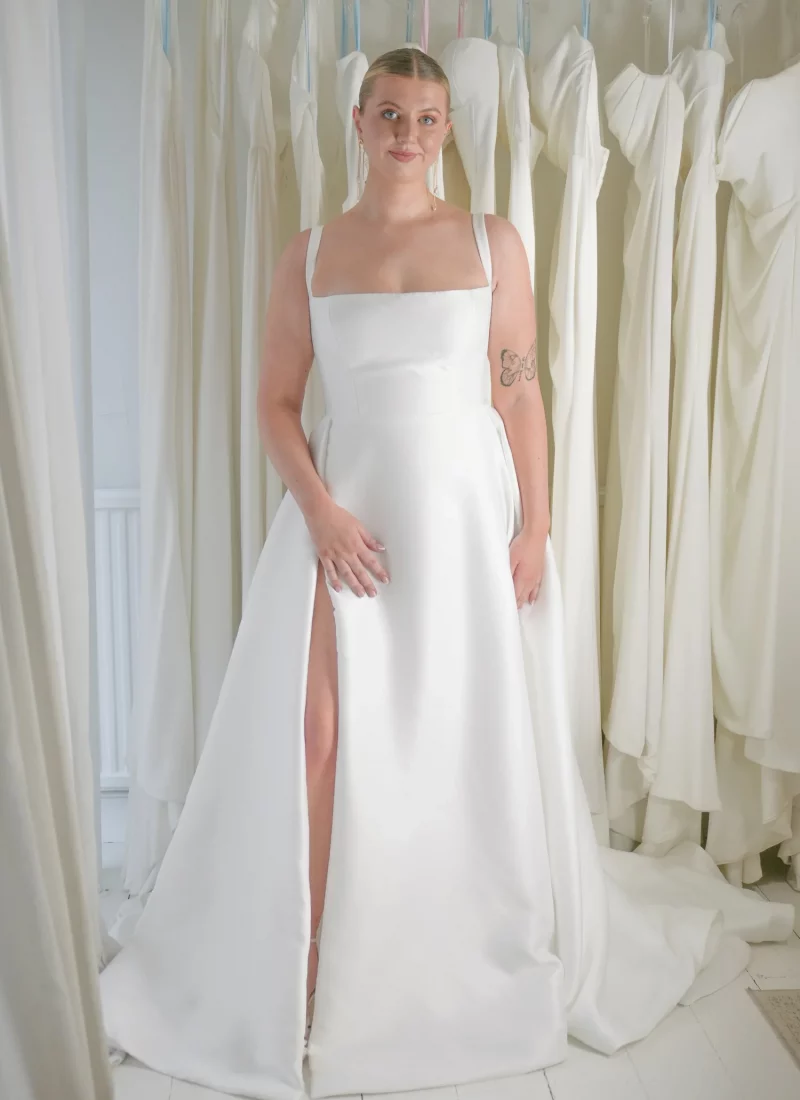 Curve model wearing a KYHA wedding dress Adelaide