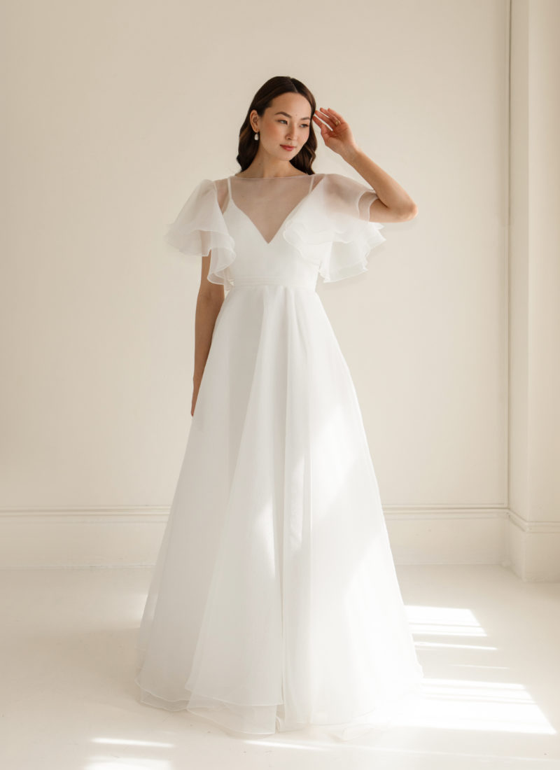 Wedding dress with flutter sleeve in chiffon by Truvelle