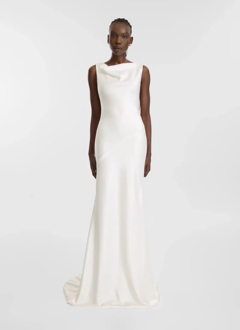 Model wearing a modern boat neck wedding dress by KYHA in adelaide