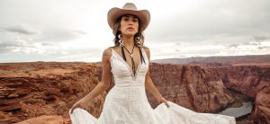 A line boho wedding dress in a canyon