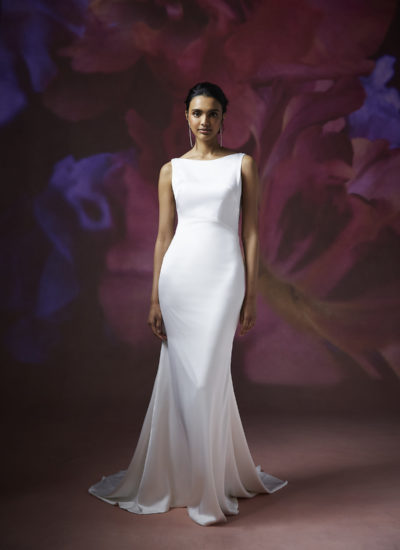 model wearing a satin boat neck wedding dress Adelaide