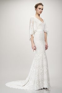 Lace wedding dress by Theia couture with long sleeves available in Adelaide